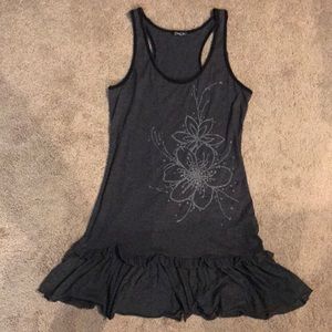 Gray and black dress with beaded flower design